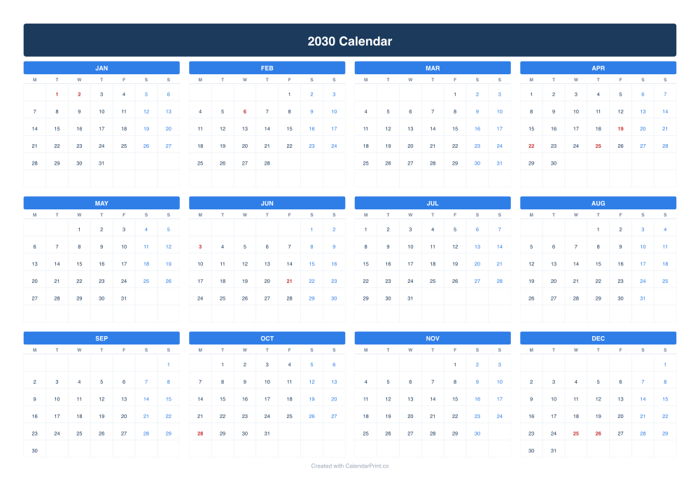 2030 calendar with New Zealand public holidays