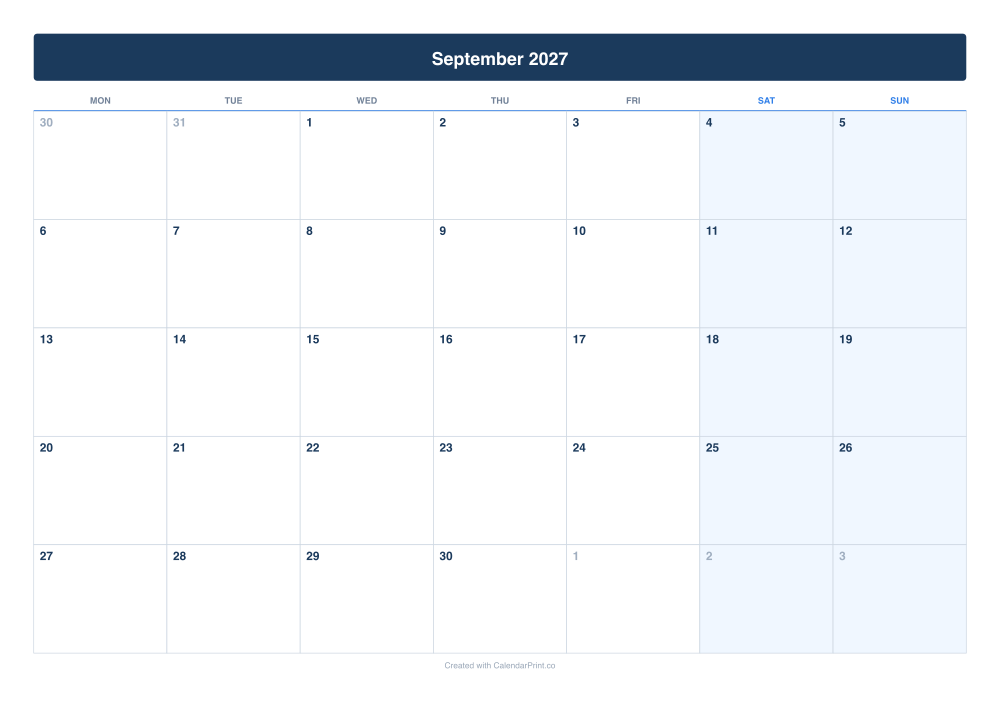 September 2027 calendar preview