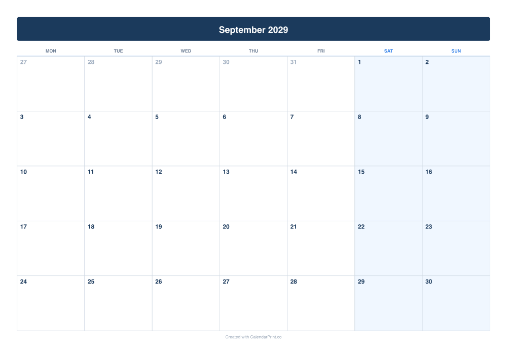 September 2029 calendar preview