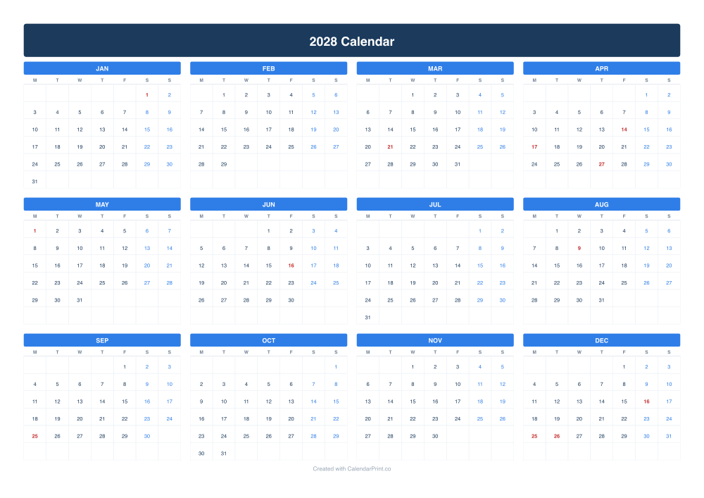 2028 calendar with South African public holidays