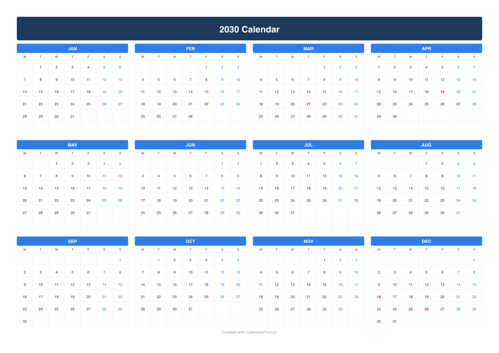 2030 calendar with South African public holidays