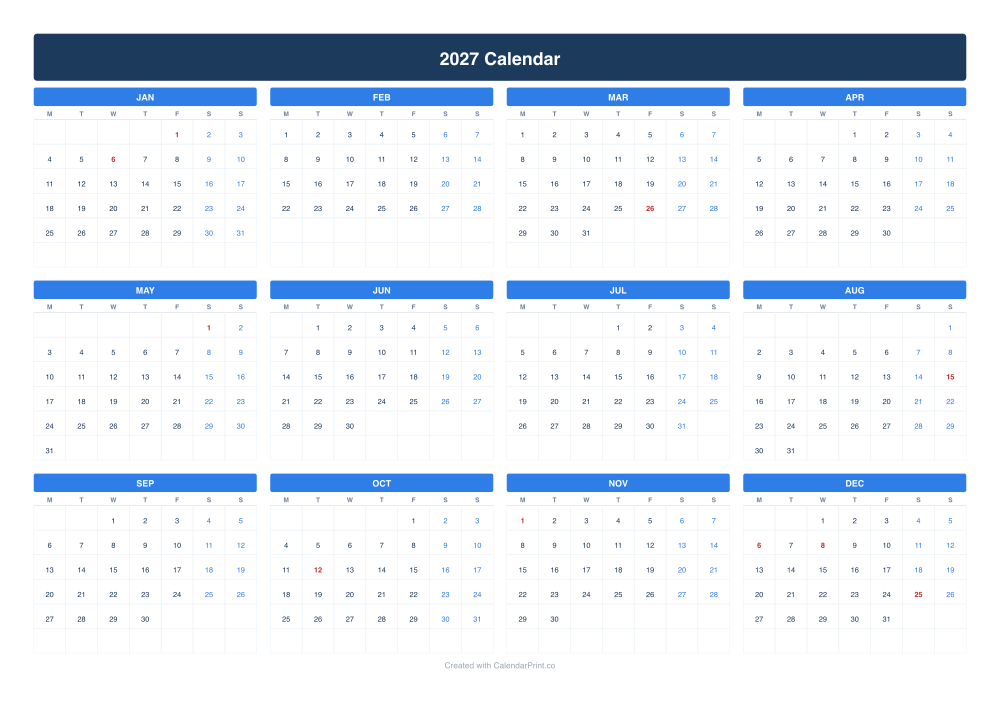 2027 calendar with Spanish public holidays