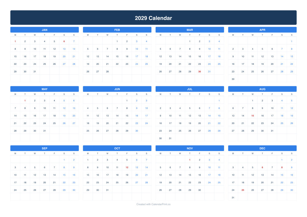 2029 calendar with Spanish public holidays