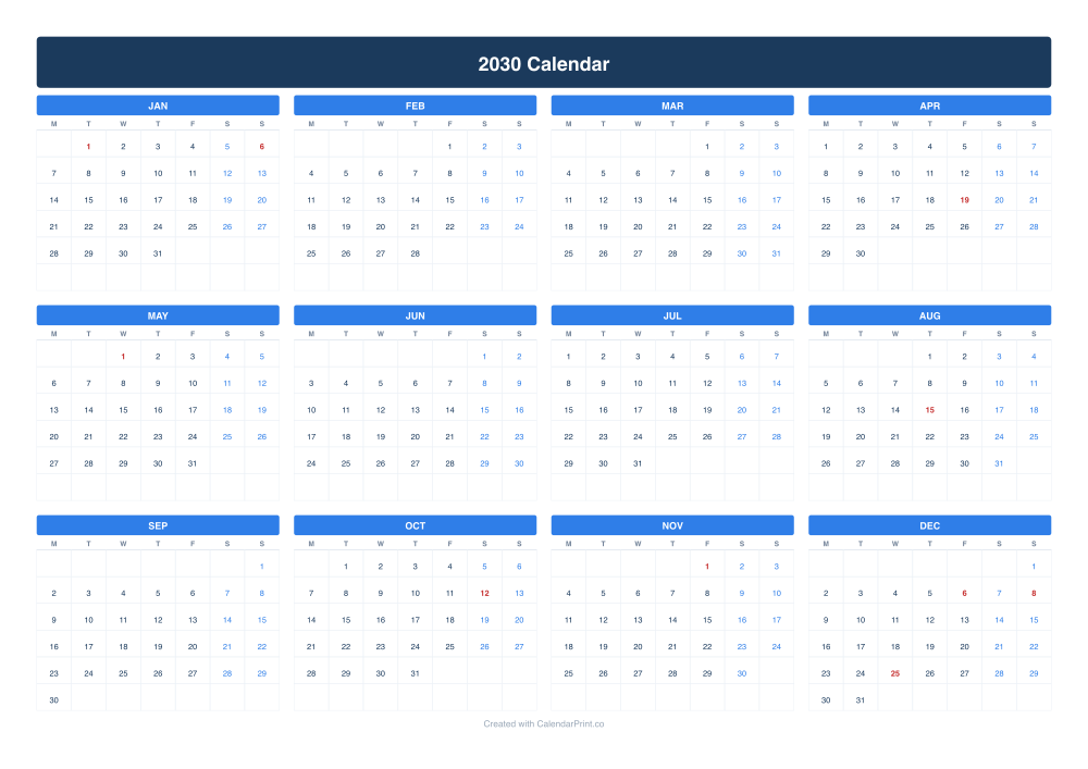 2030 calendar with Spanish public holidays