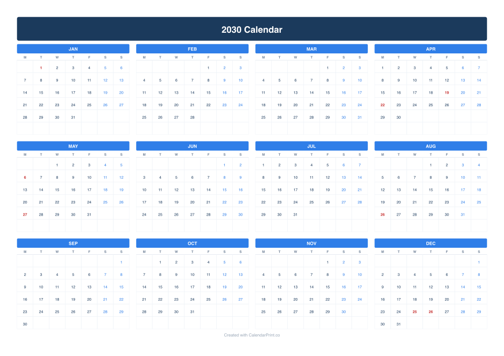 2030 calendar with UK bank holidays