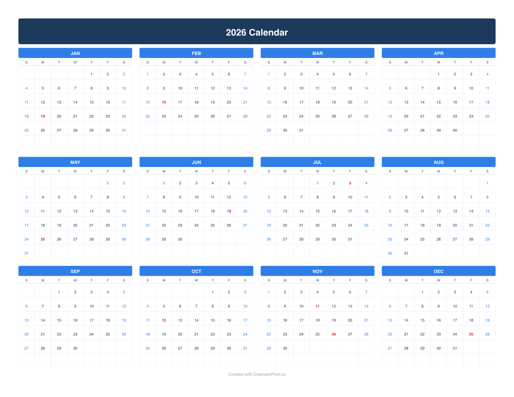 2026 calendar with US federal holidays