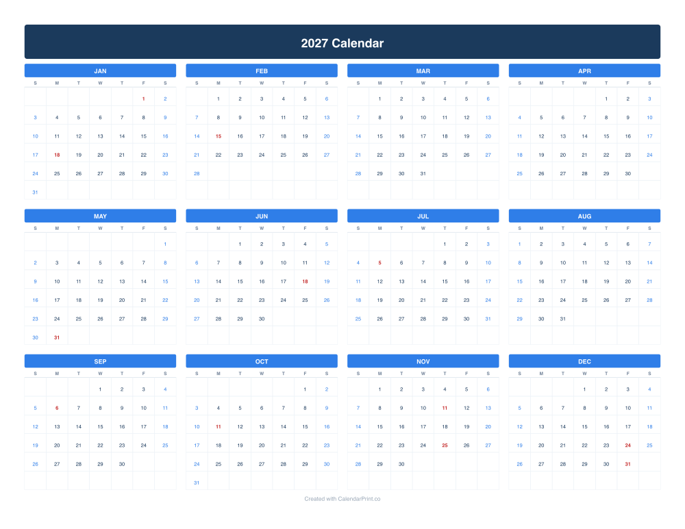 2027 calendar with US federal holidays