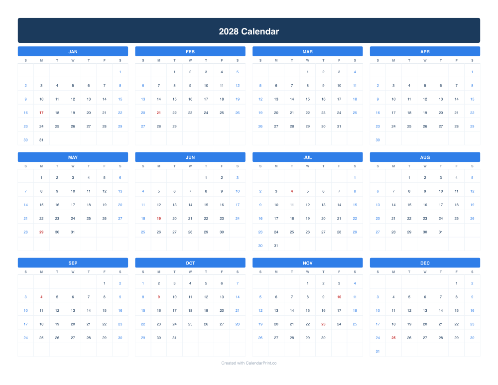 2028 calendar with US federal holidays