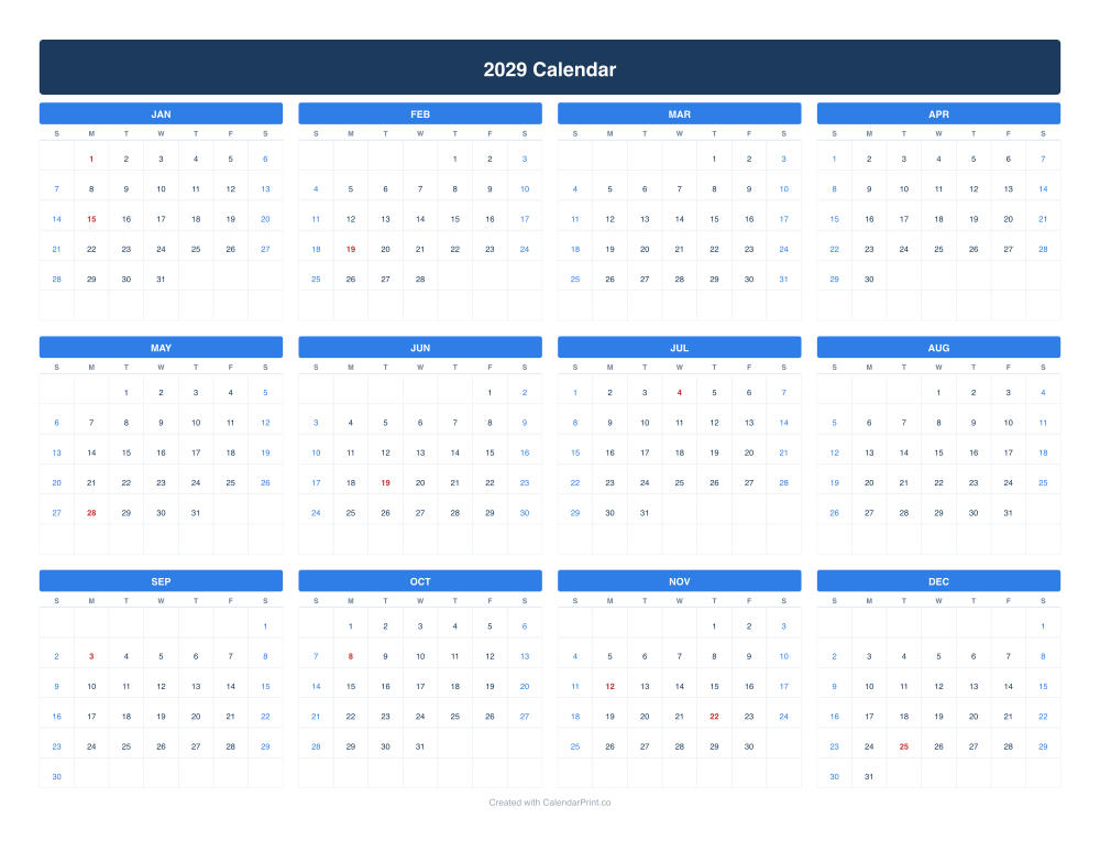 2029 calendar with US federal holidays