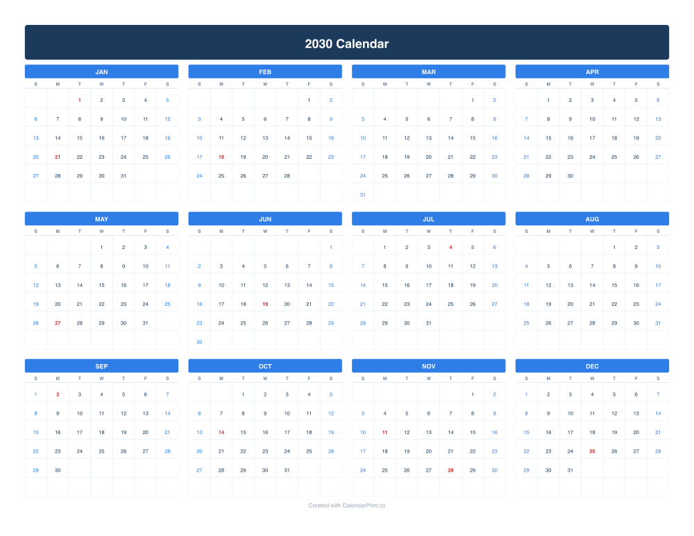 2030 calendar with US federal holidays