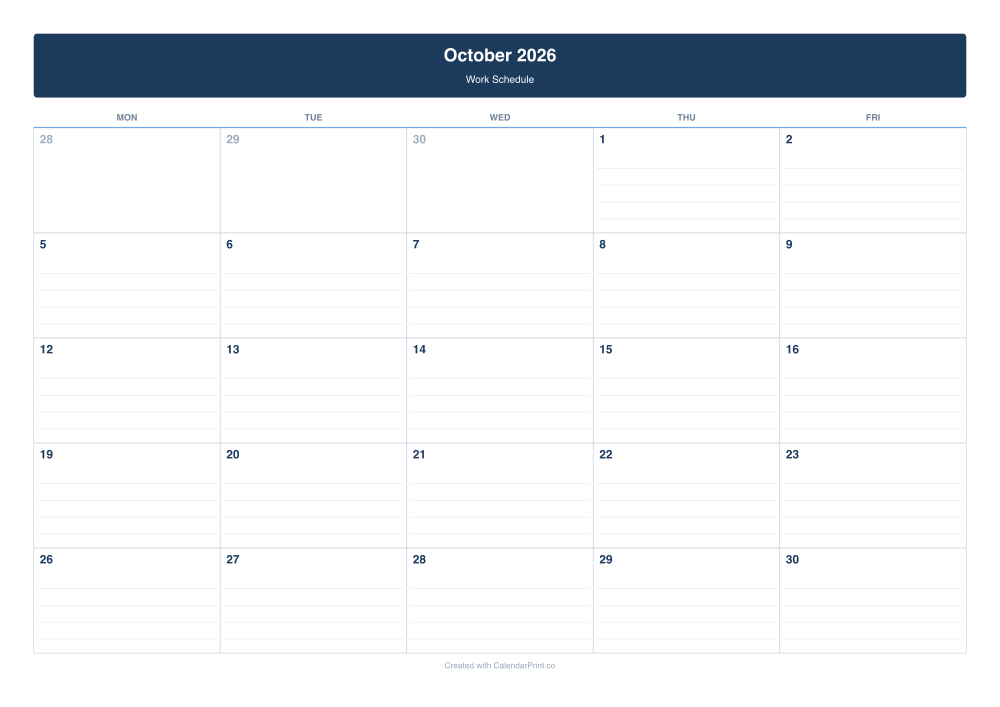 Monday to Friday Calendar preview